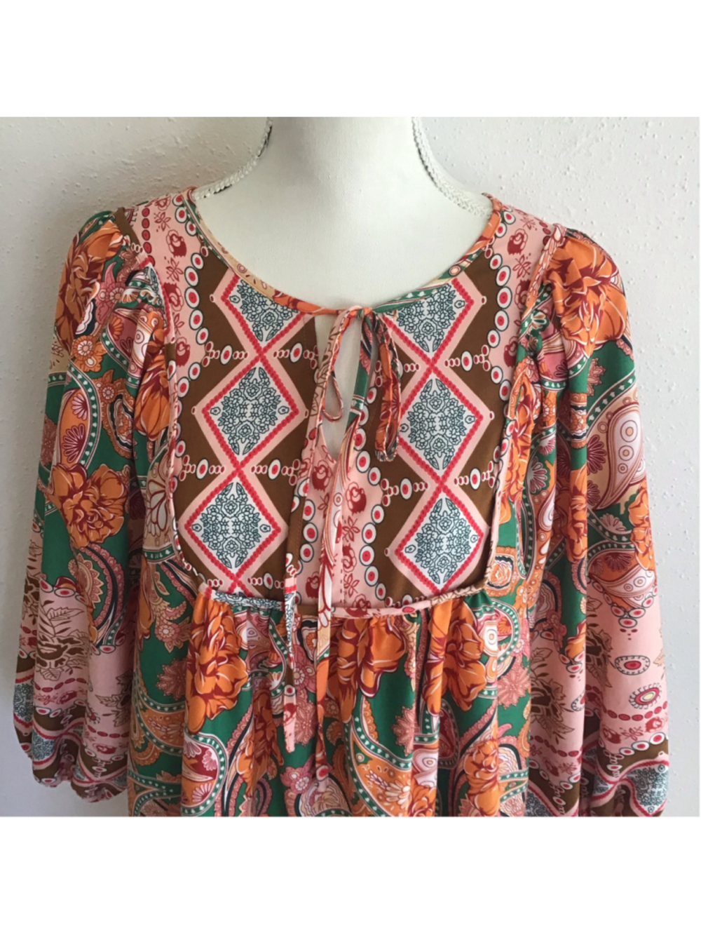 BLUETIME Women Fun Long Sleeve Dress Size M Orange Green Paisley Floral SZ L - Picture 4 of 8